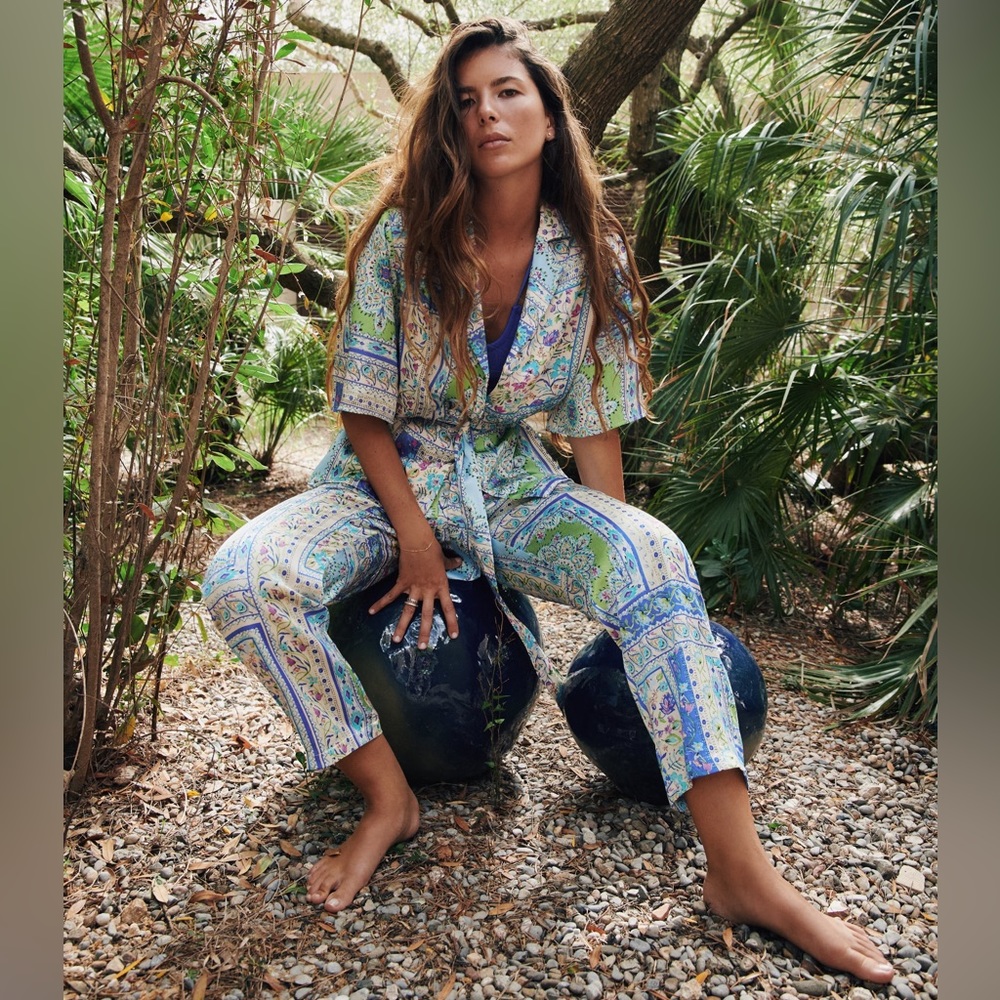 Zara 2 Piece Floral Printed Belted Blouse With Pants Co Ord Set